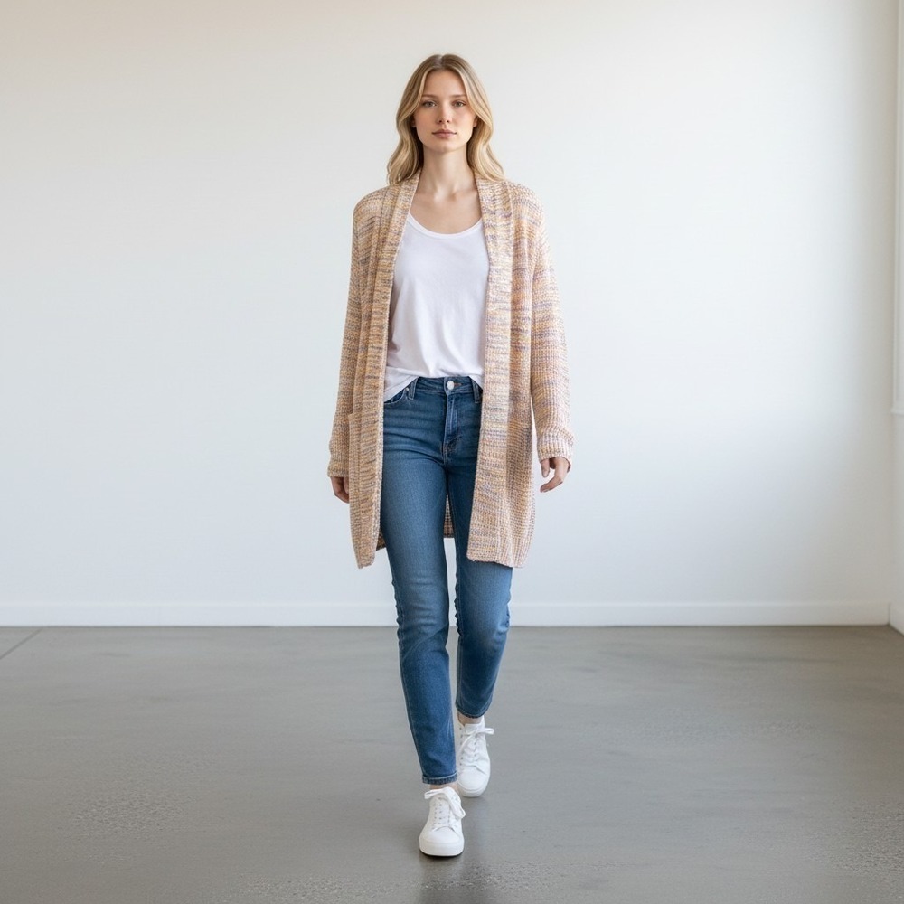 CJ Banks Women's 1X Longlines Pastels Grandma Mom Open Front Cardigan Sweater
